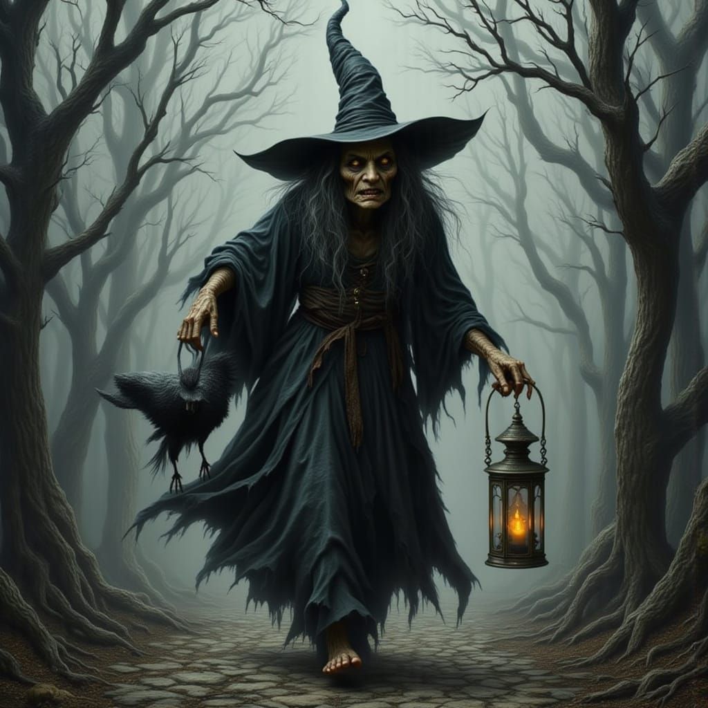 Gnarled Witch in Eerie Forest as Dark Fantasy Art