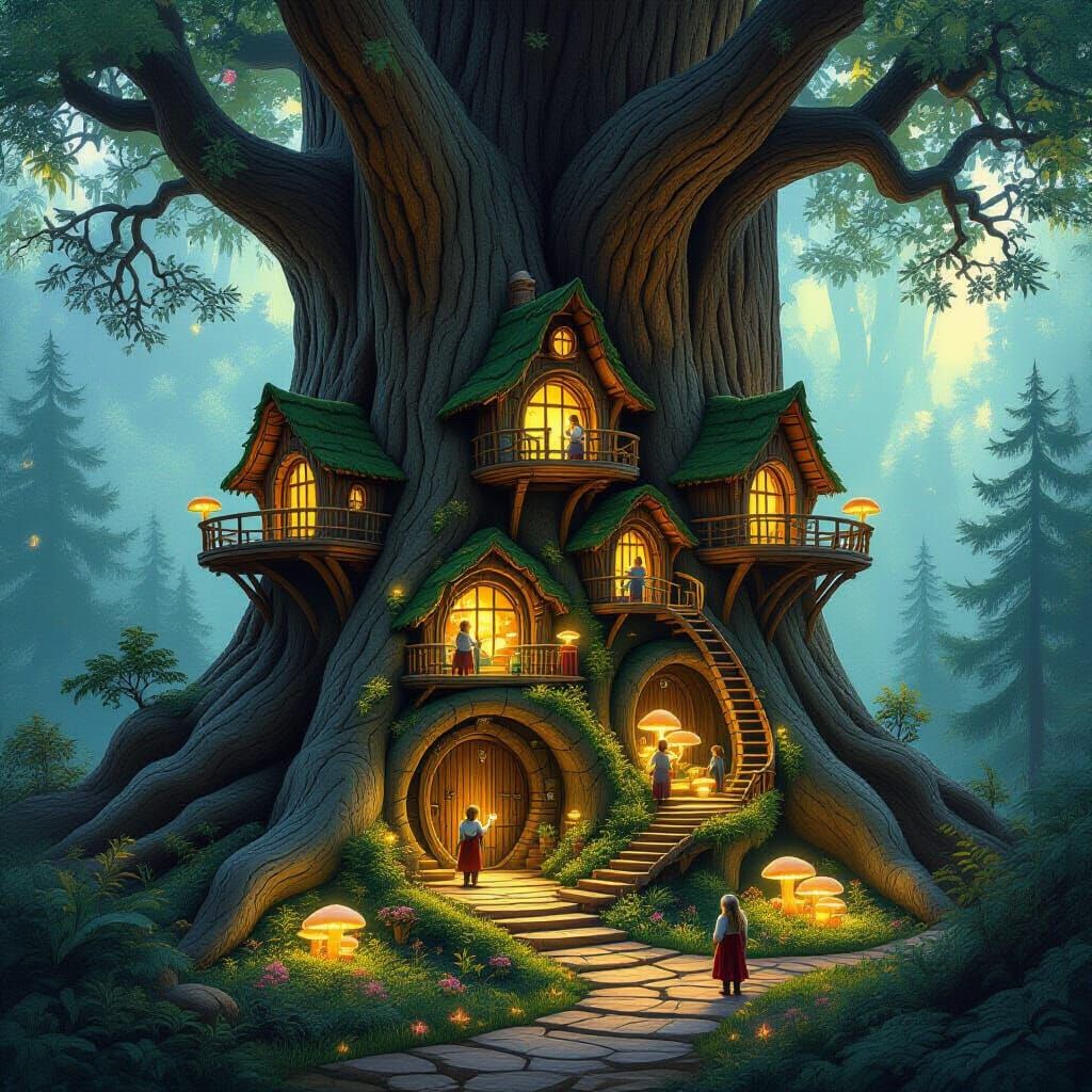 Hidden Village Inside Giant Sequoia in Art Nouveau Style