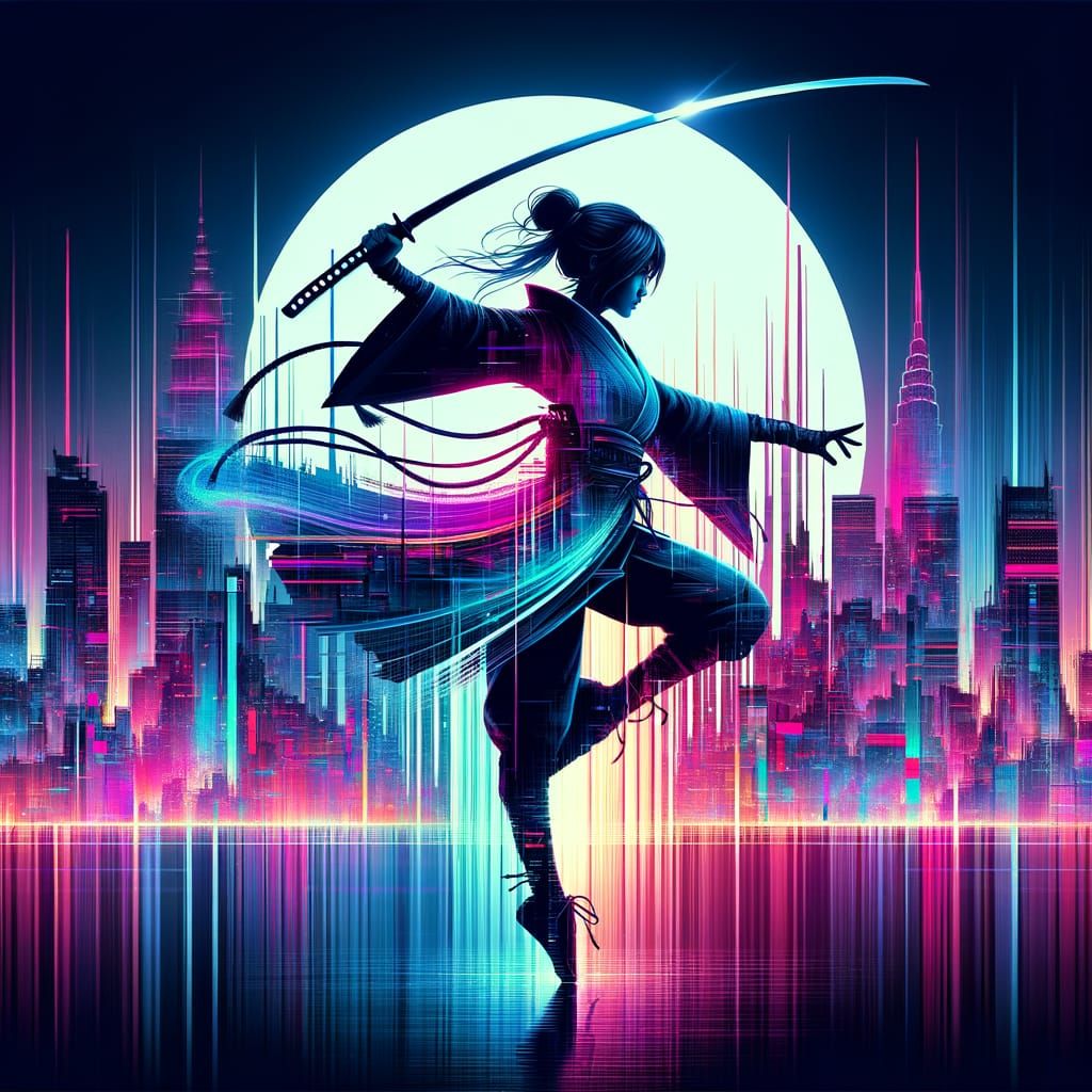 Neon Assassin Silhouette in Glitch Art Style