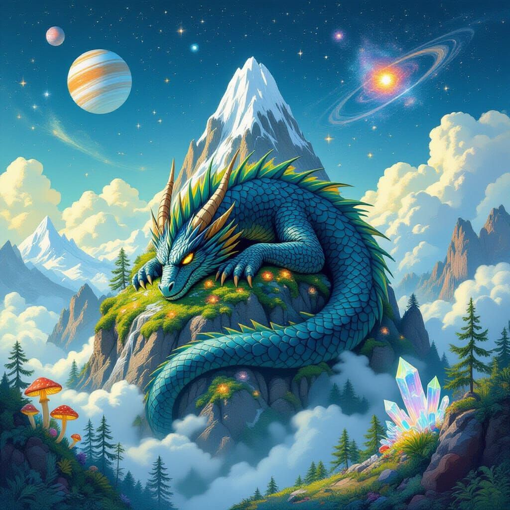 Ancient Dragon Sleeps on Mountain Peak Under Starry Sky