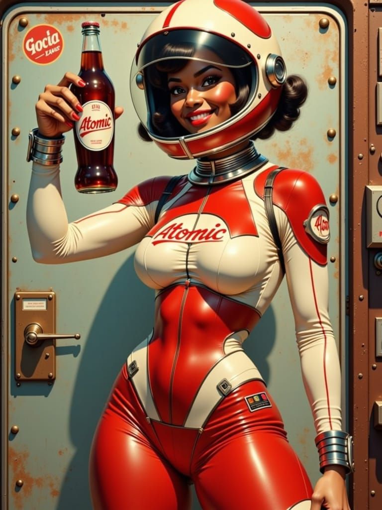 Vintage-Futuristic Pin-Up Girl in Atomic Soda Space Suit