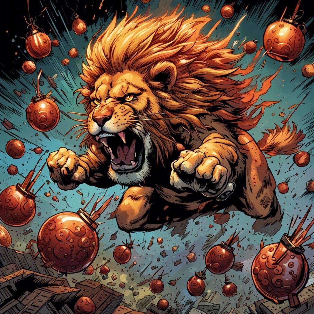 Lion Launches Grenades in Comic Book Art Style