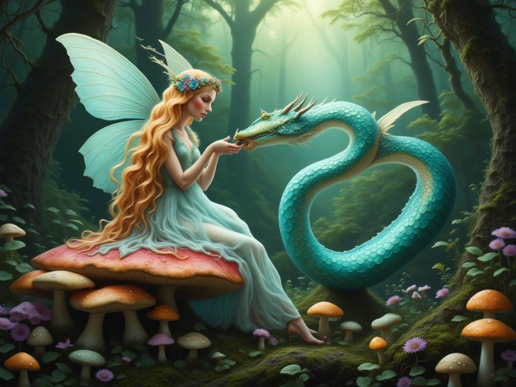 Fairy Feeds Jade Dragon on Giant Mushroom in Detailed Forest...