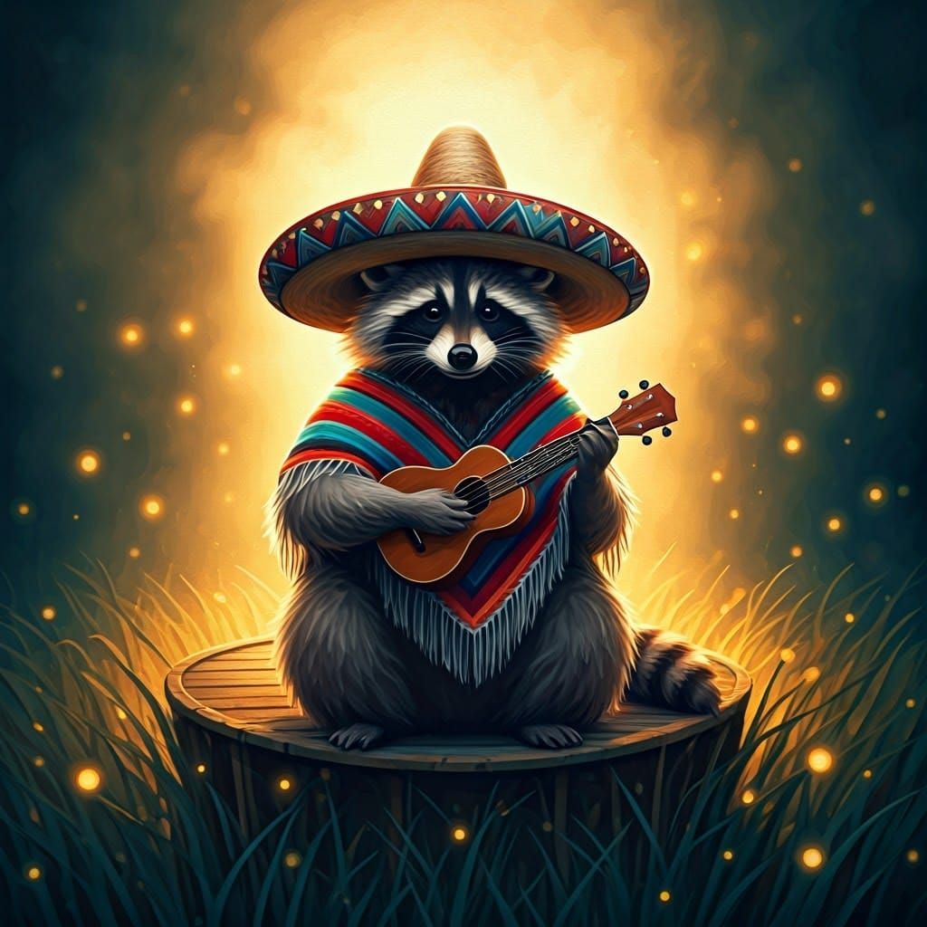 Raccoon Mariachi on Firefly Stage as Oil Painting