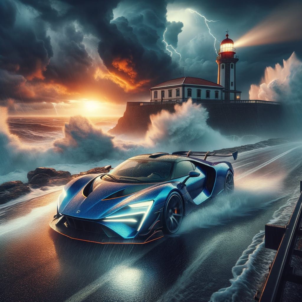 Vibrant Sunset Hypercar Speeds Away from Lighthouse on Storm...