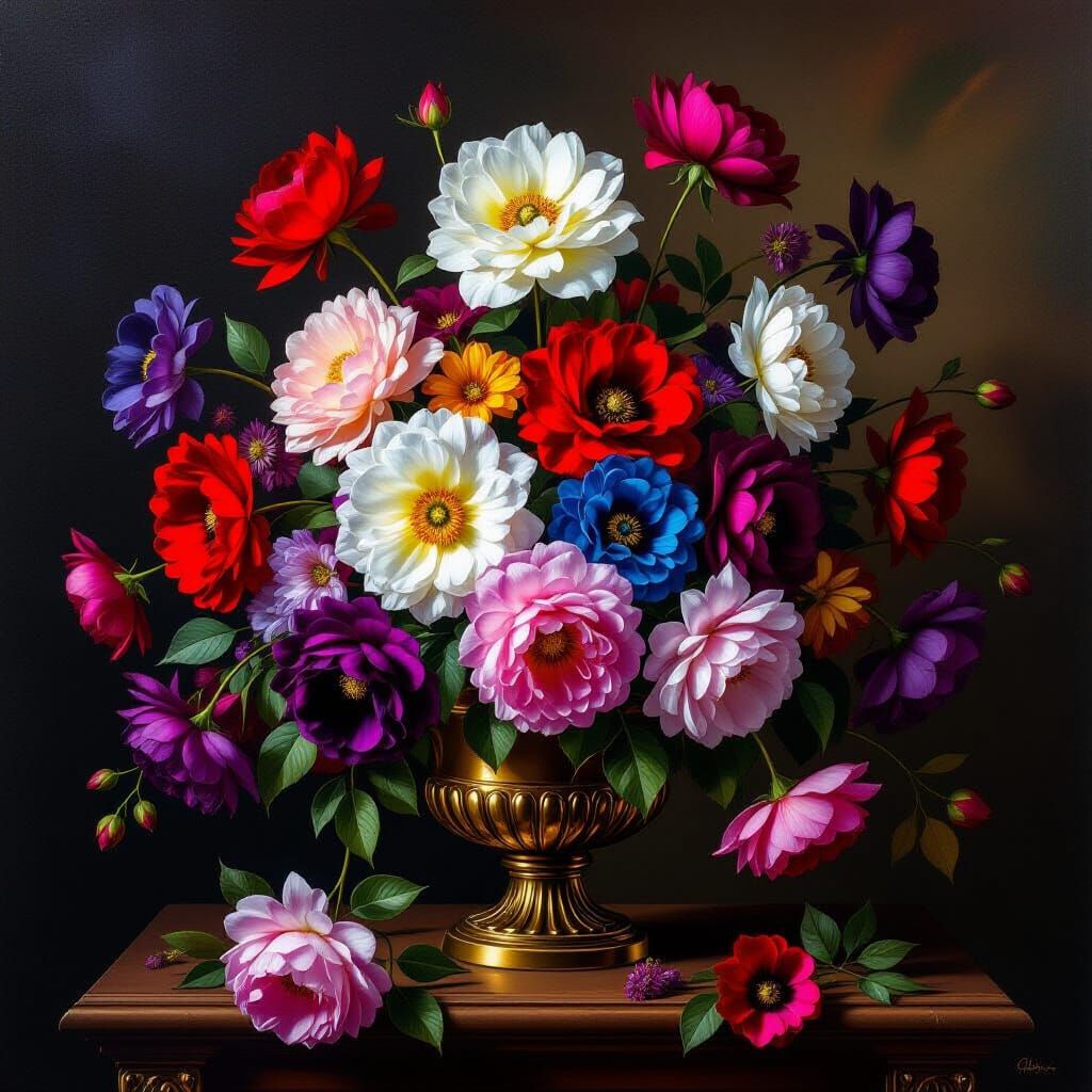 Baroque Still Life Painting of Opulent Flowers