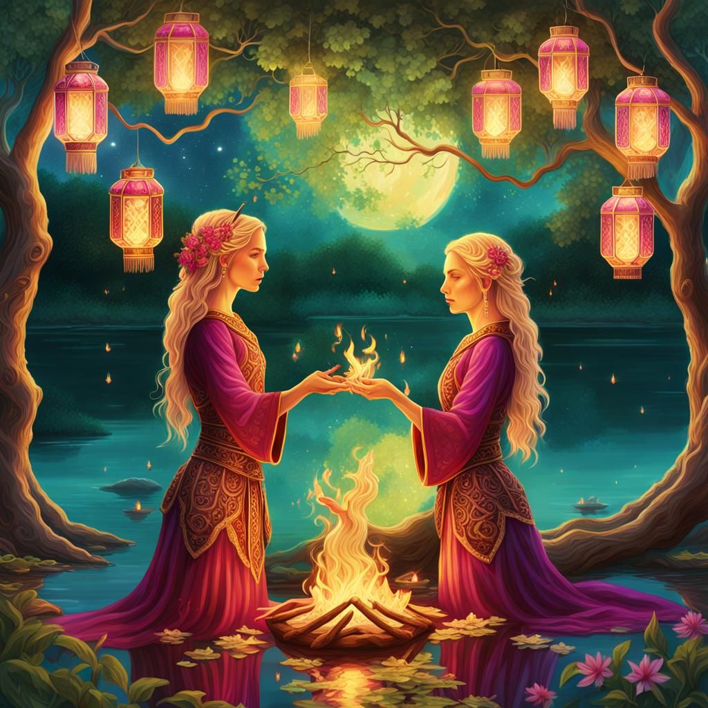 Twin Pagan Gemini Females Practicing Fire Ritual