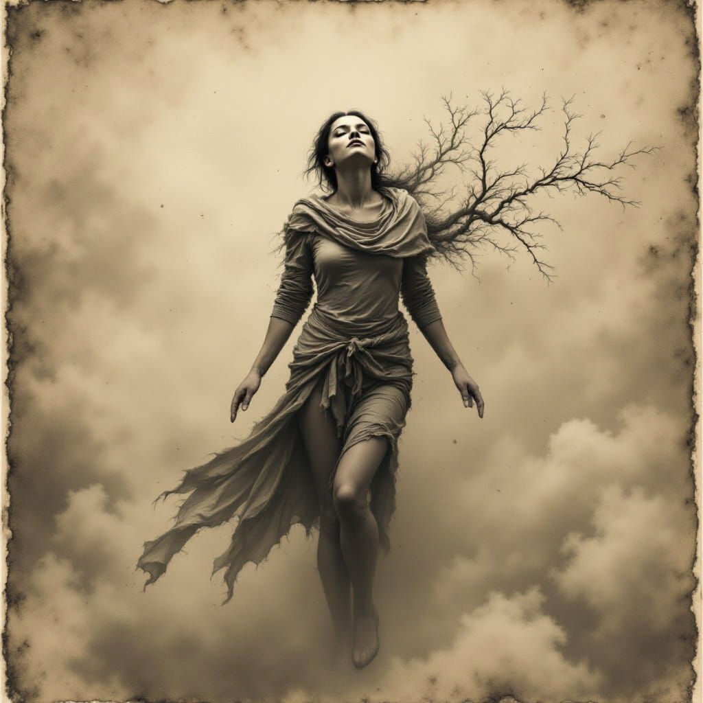 Figure Dissolving into Mist in Sepia Photogravure