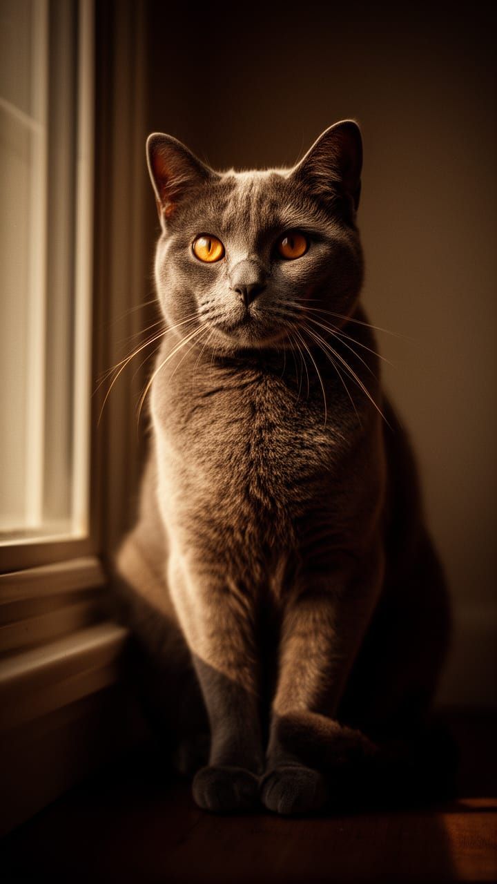 Cinematic Portrait of Grey Cat with Amber Eyes