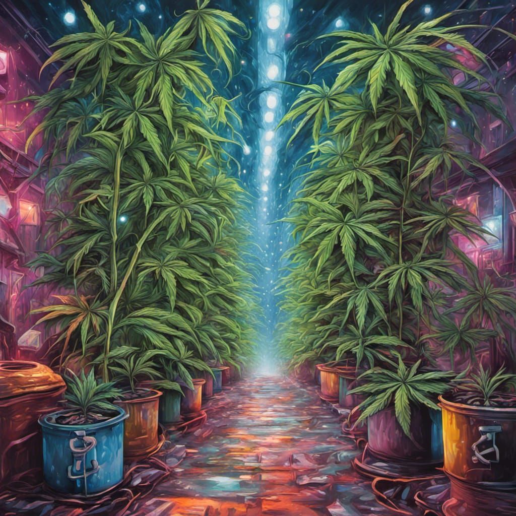 Cosmic Greenhouse with Cannabis in Splash Art Style