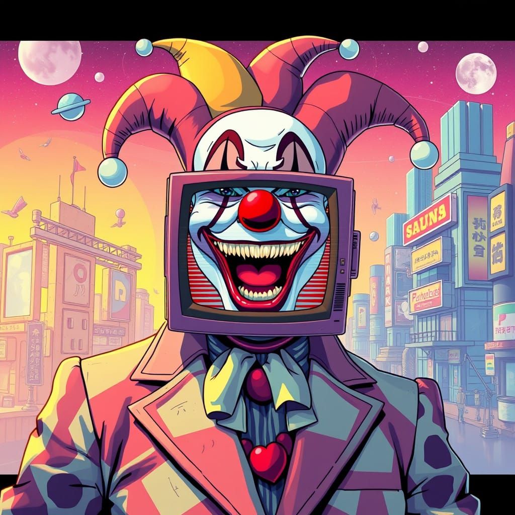 Surreal Cartoon Clown with VHS- Static Mouth in Vaporwave Dr...