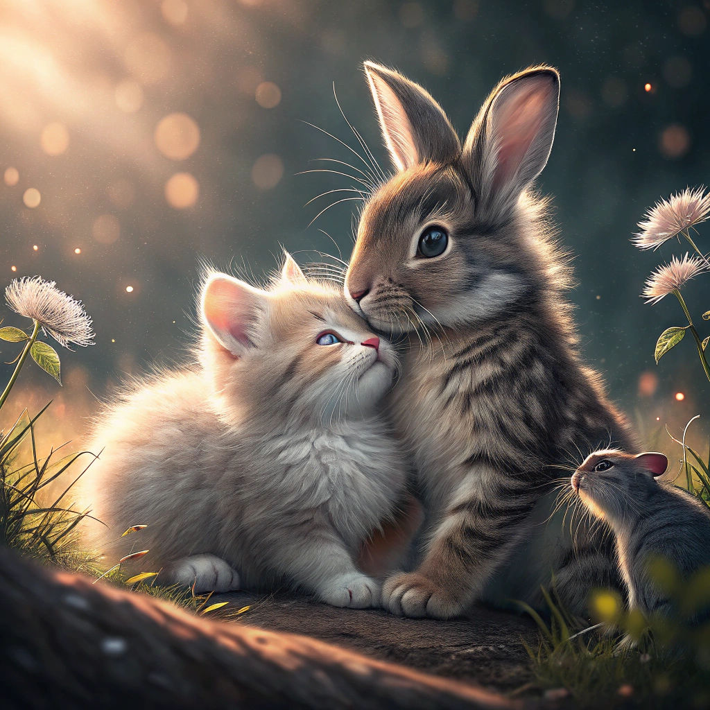 Heartwarming Kitten and Rabbit Friendship in Soft Light