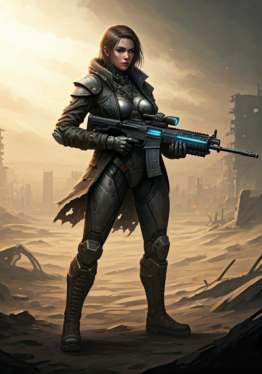 Female Sci-fi Warrior in Dystopian Ruins