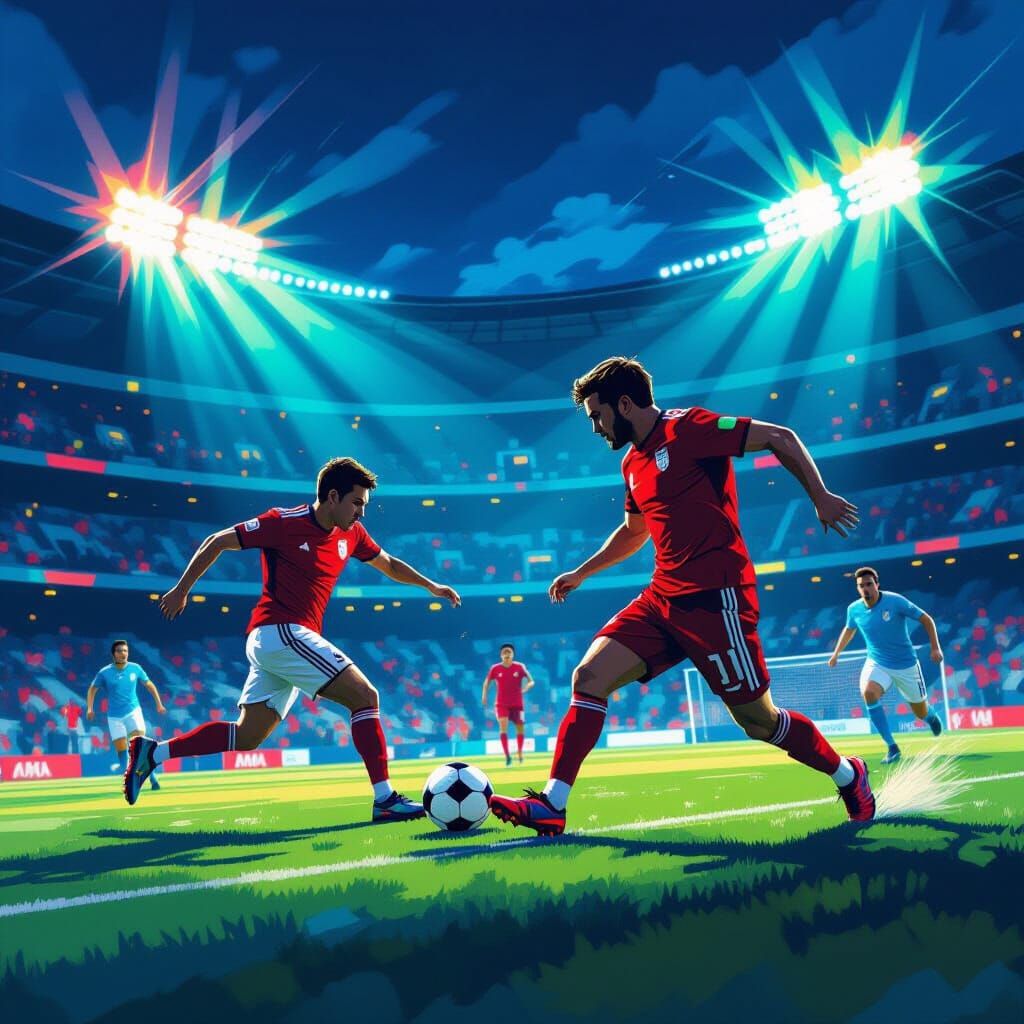 Soccer Players in Stadium: Retro-Futuristic Digital Art