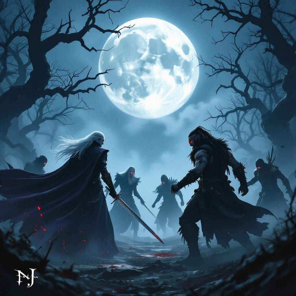 Vampire Clan Battle in Misty Forest Under Full Moon