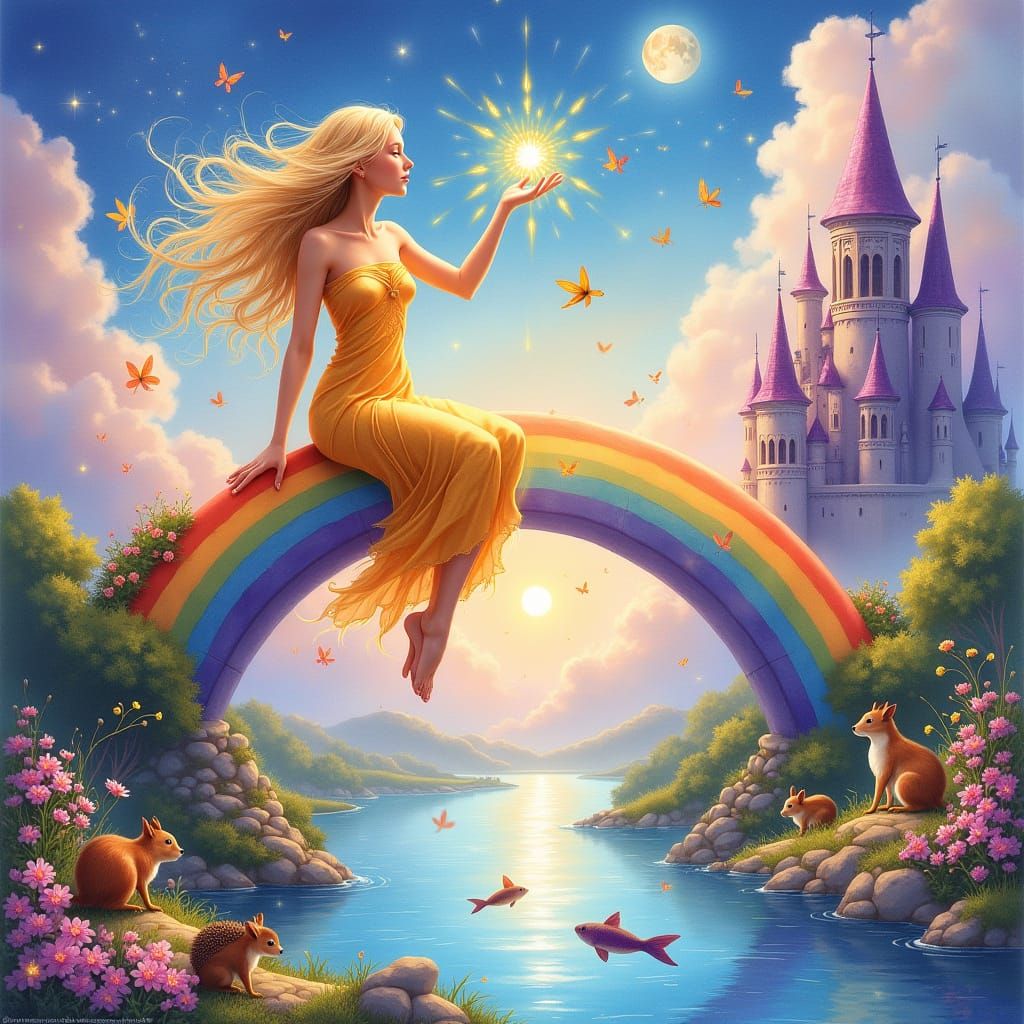 Cosmic Woman on Rainbow Bridge, Watercolor Fantasy