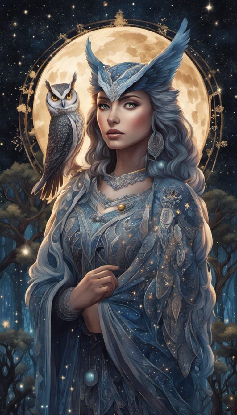 Ethereal Owl Girl Portrait with Galactic Sky