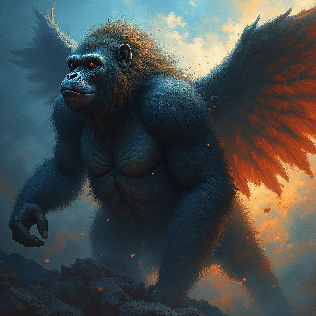 Winged Gorilla with Lion Face in Biomechanical Style