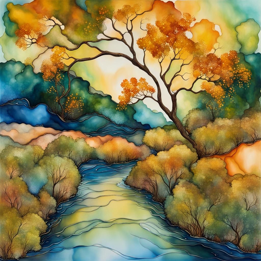 alcohol ink landscape painting of a cottonwood willow riparian habitat in Autumn, meandering stream, at sunset, blue, gr...