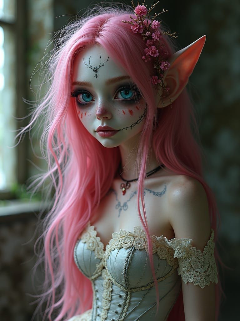 Sugar Skull Elf Amidst Ruins in Dark, Moody Photorealism