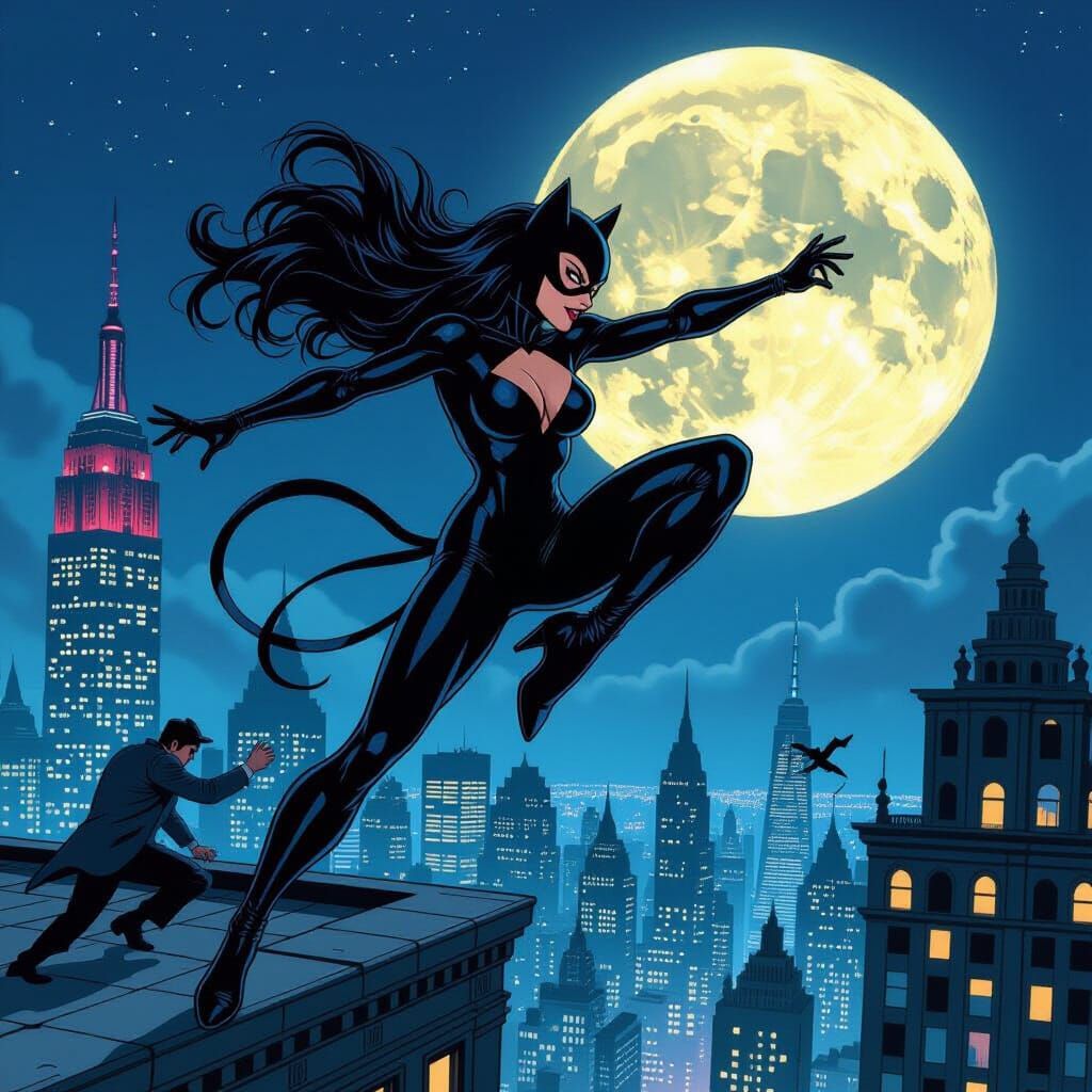 Black Cat Dances Above Thugs in Dynamic Comic Art