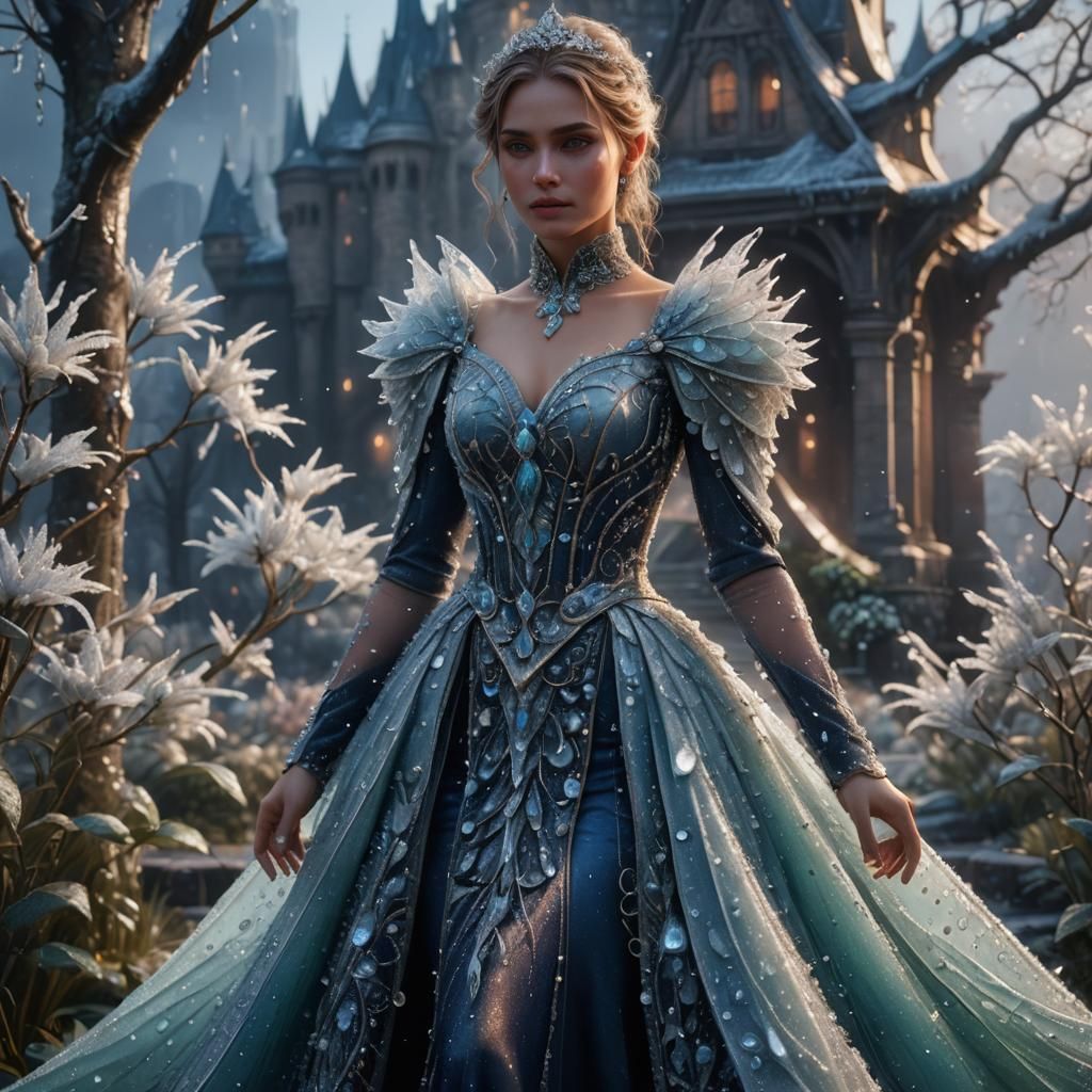Frosted Dew Drop Gown: Detailed Fantasy Art
