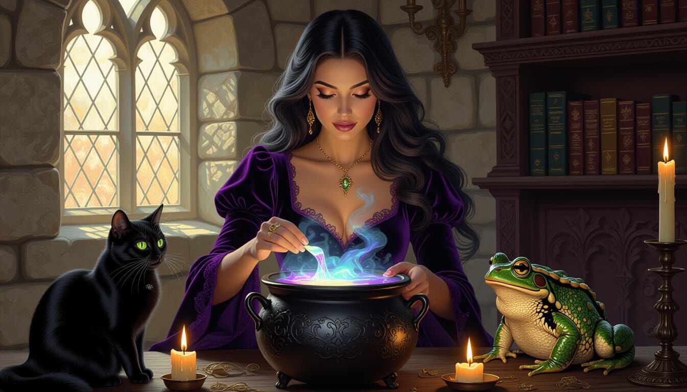 Renaissance Witch Brews Magical Potion with Cat and Toad