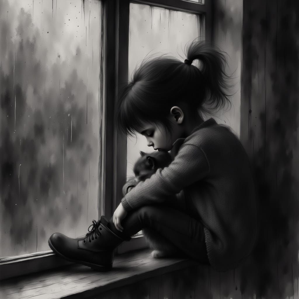 Melancholic Girl at Rainy Window in Black and White