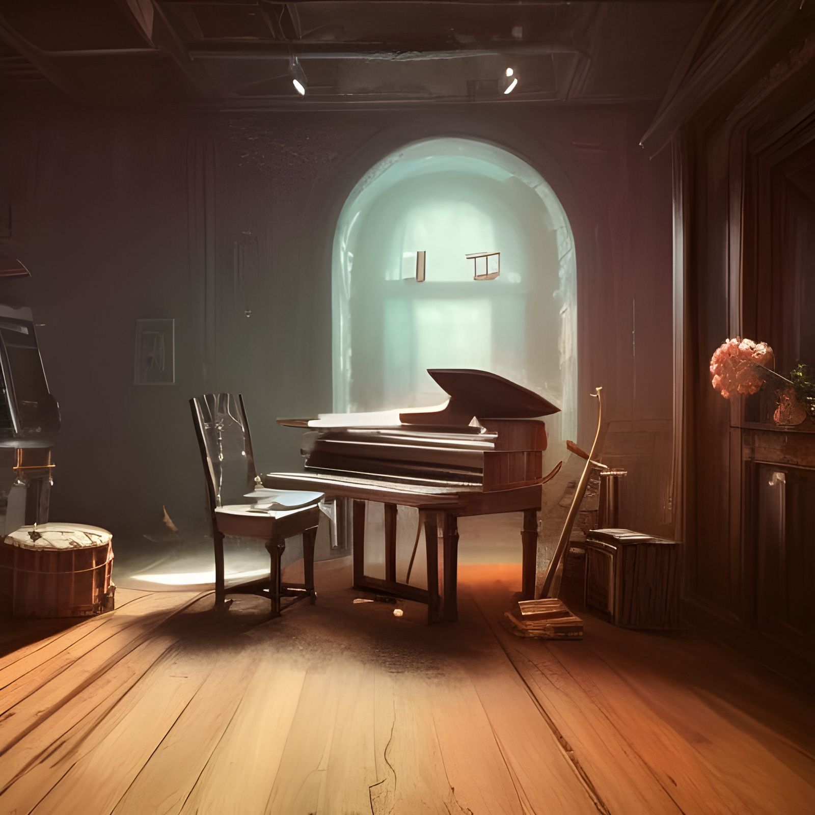 Detailed Music Studio with Drums in Dark Fantasy Style