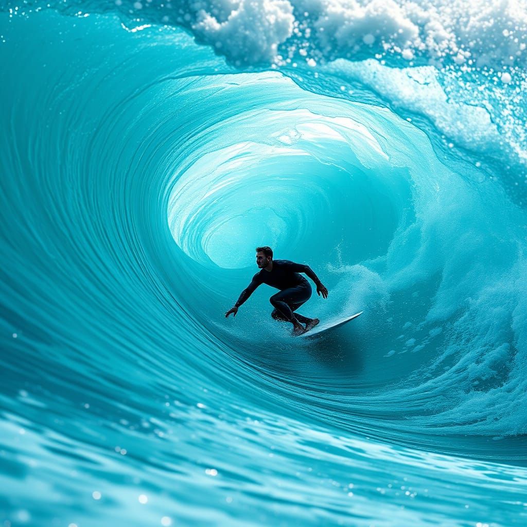 Surfer Emerges from Turquoise Tidal Wave in Vibrant, Hyper-R...
