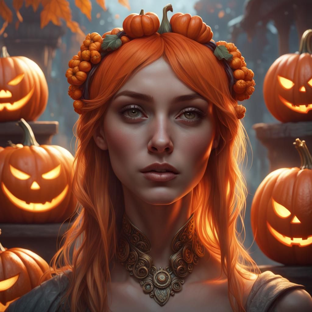 Hyperdetailed Portrait of Orange People with Pumpkins