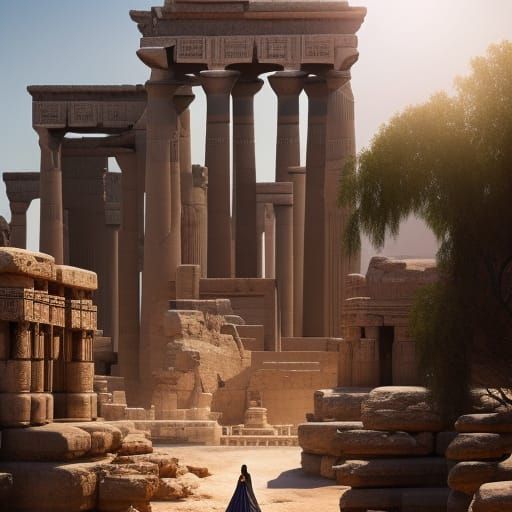 Egyptian Temple Ruins Portrait in Art Nouveau Style