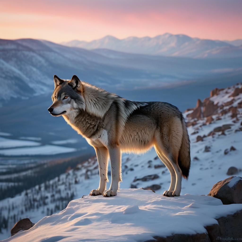 Wolf Overlooking Snowy Valley at Dawn