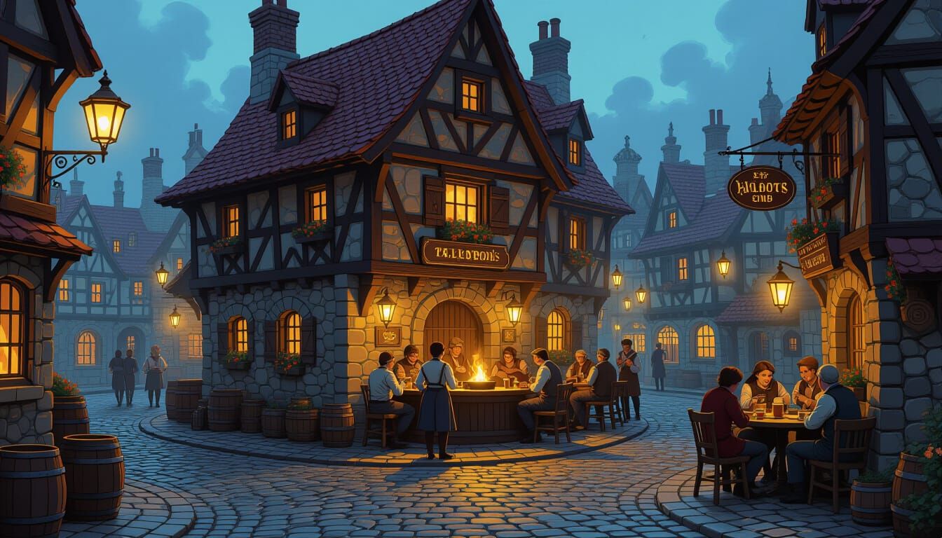 Bustling Tavern Scene with Golden Lantern Light