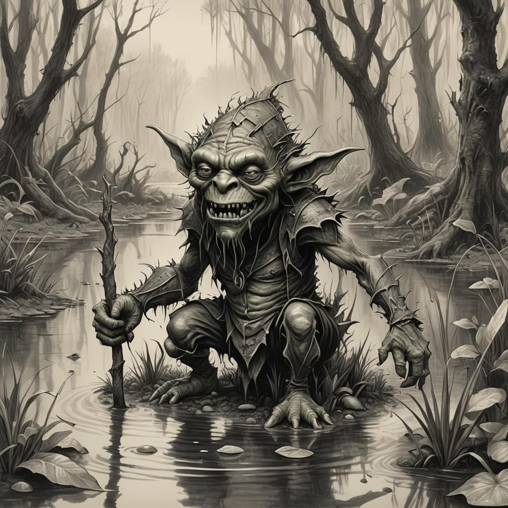 Fantasy Swamp Goblin in Pencil Sketch Style