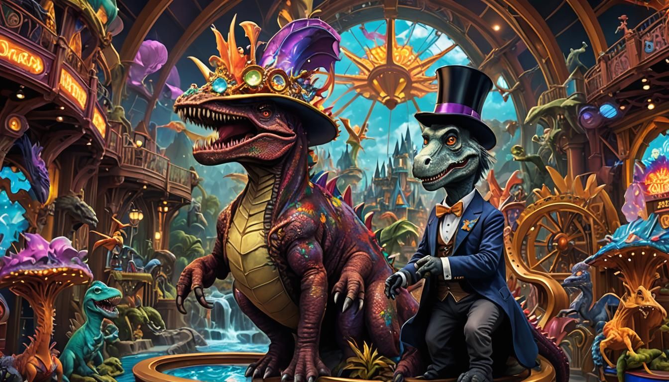 Kaleidoscopic Dinosaur Park in Dark Fantasy Style