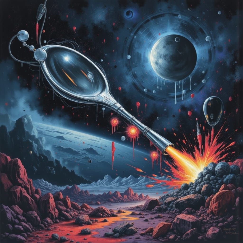 Giant Spoon with Rocket Engines Floats in Space