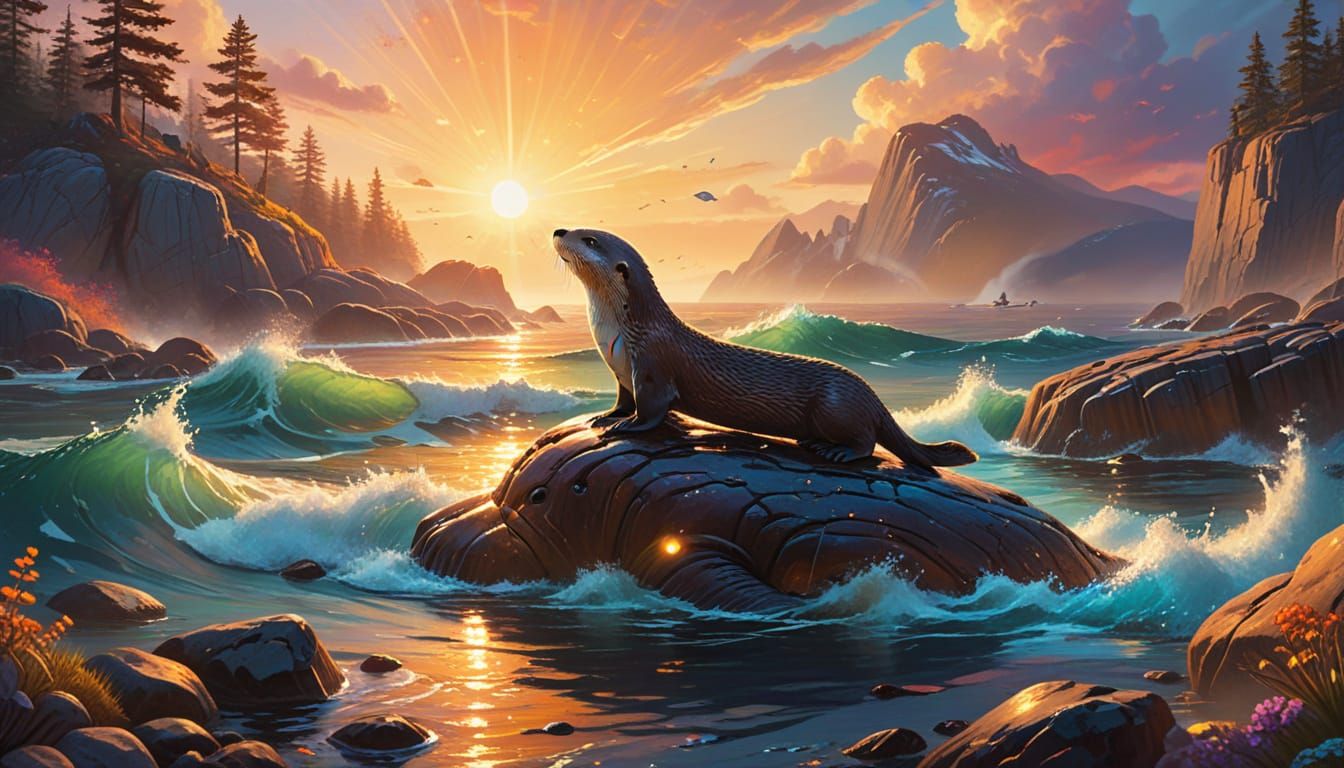 Otter and Whale Friendship in Vibrant Oil Painting