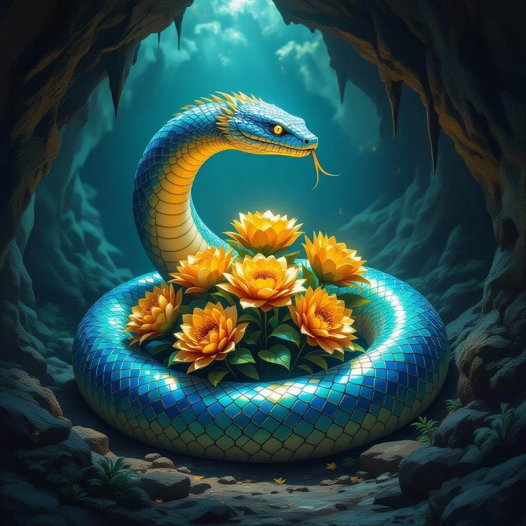 Serpent Guardians Rare Golden Blooms in Ancient Cave