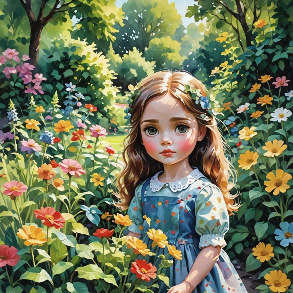 Blythe Doll in Garden: Gouache Impressionist Style