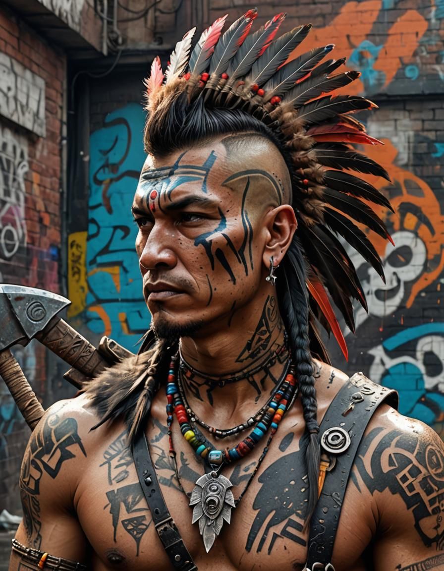 Native American Mohawk with Axe Tattoo in Graffiti Art