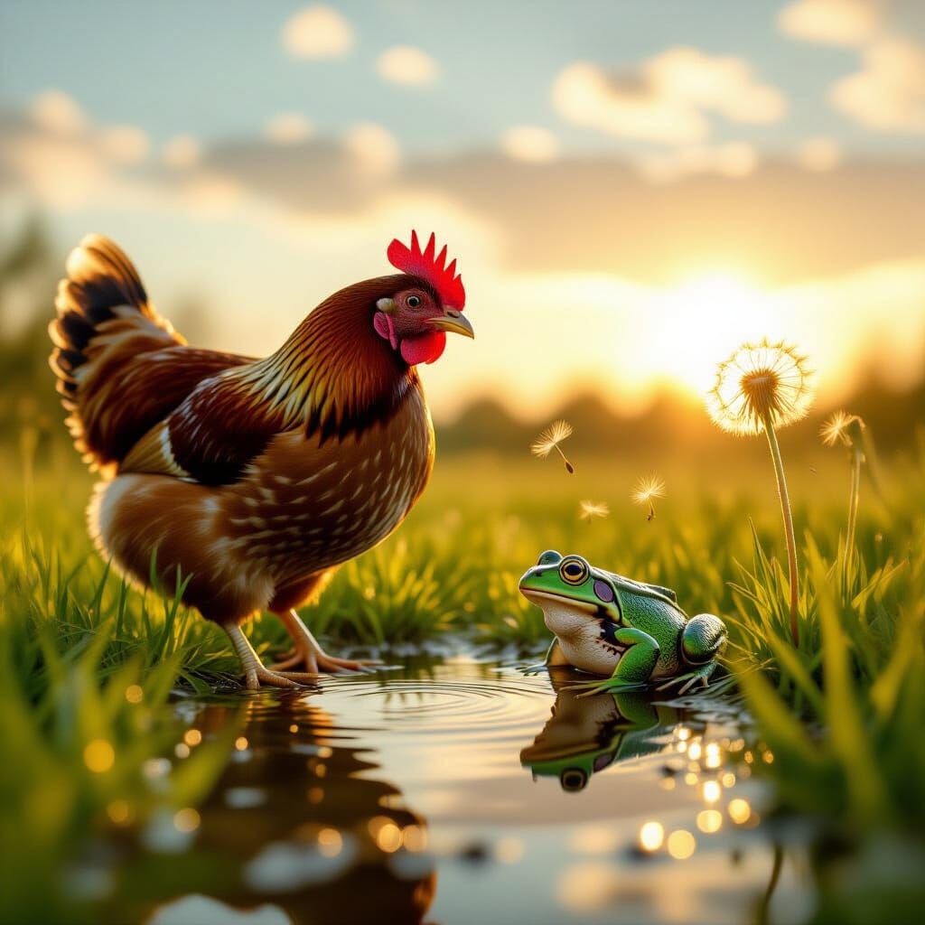Hen and Frog in Sunlit Pasture