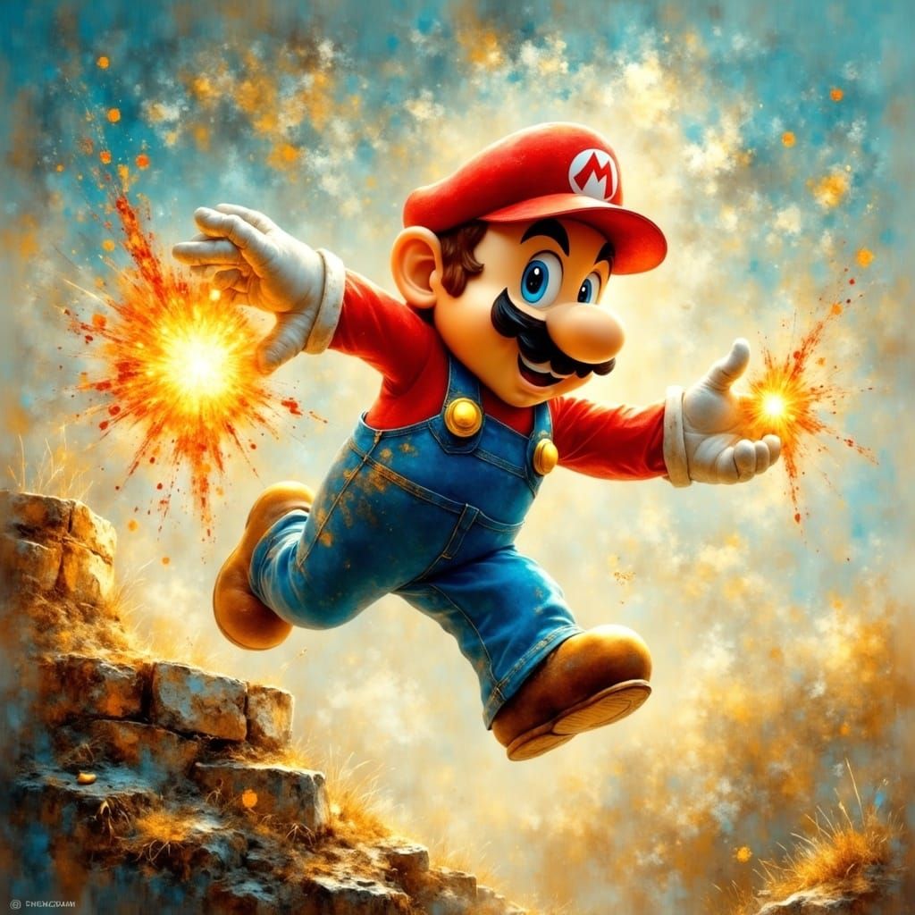 Heroic Plumber Mid-Jump in Digital Artwork Style