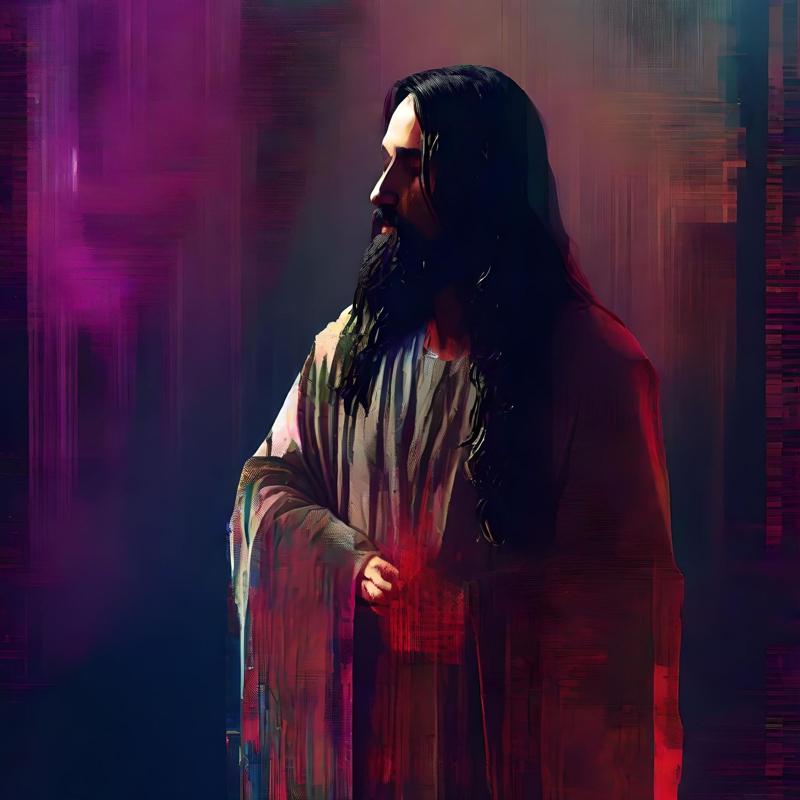 Jesus Praying: Glitch Art Double Exposure