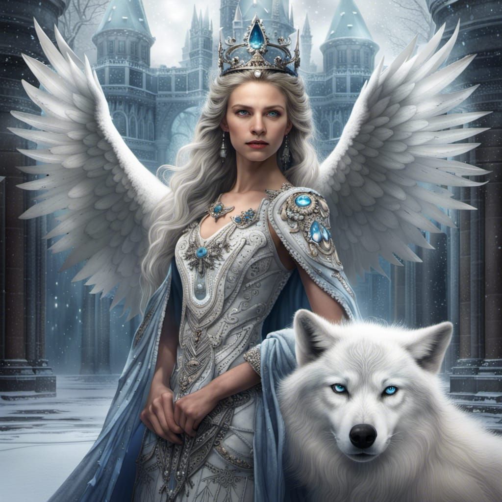 Snowy Palace Queen with White Wolf