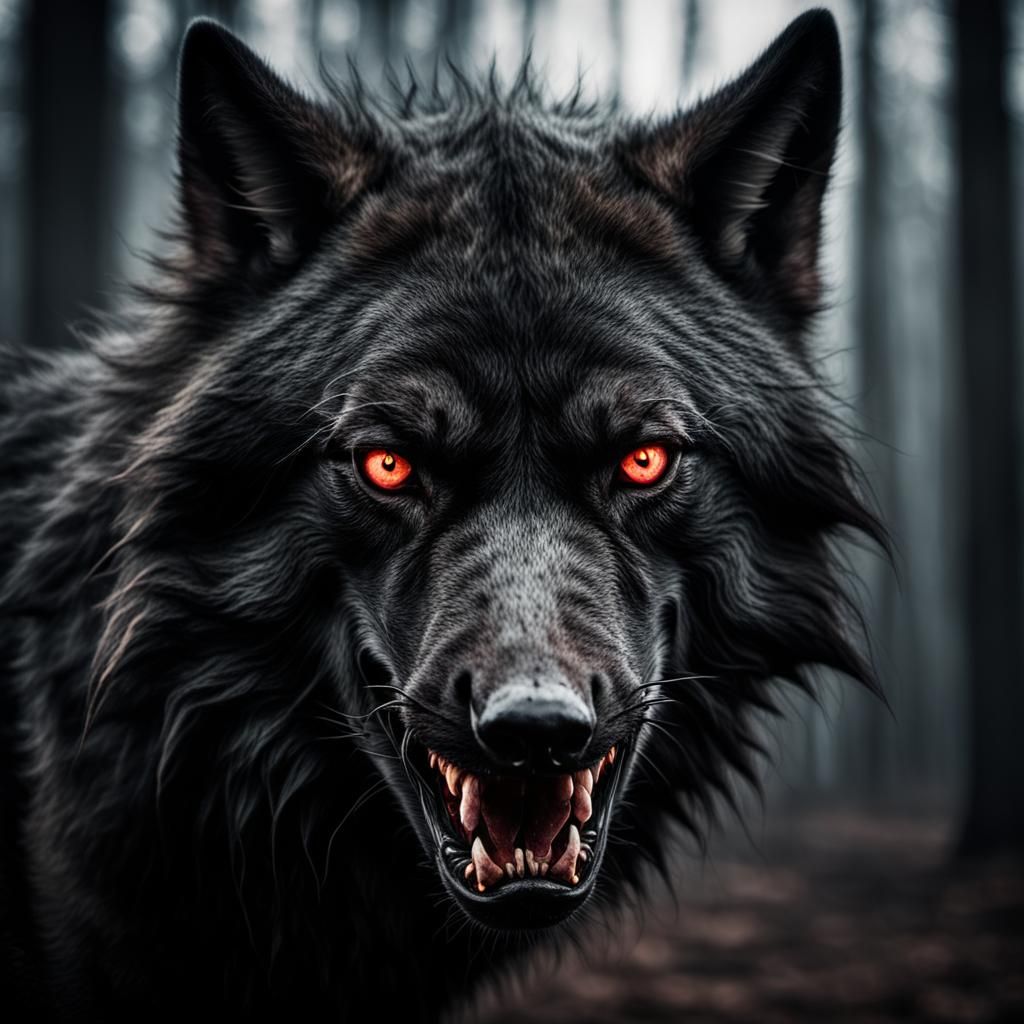 Menacing Black Wolf Portrait with Glowing Eyes