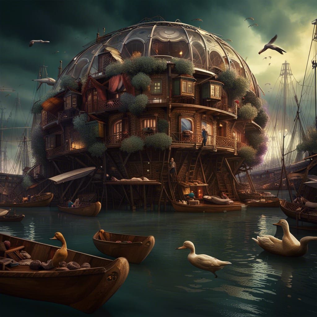 Post-Apocalyptic London Dwellings on Flooded Thames