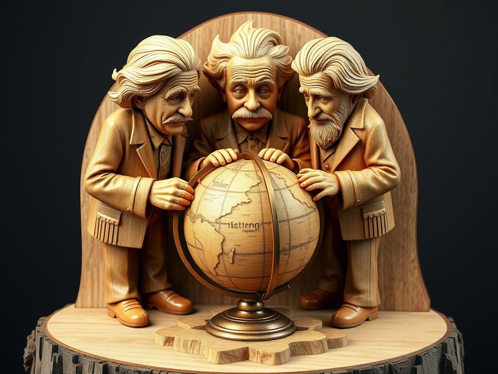 Wood Carving of Newton, Einstein, and Hawking in Anime Style