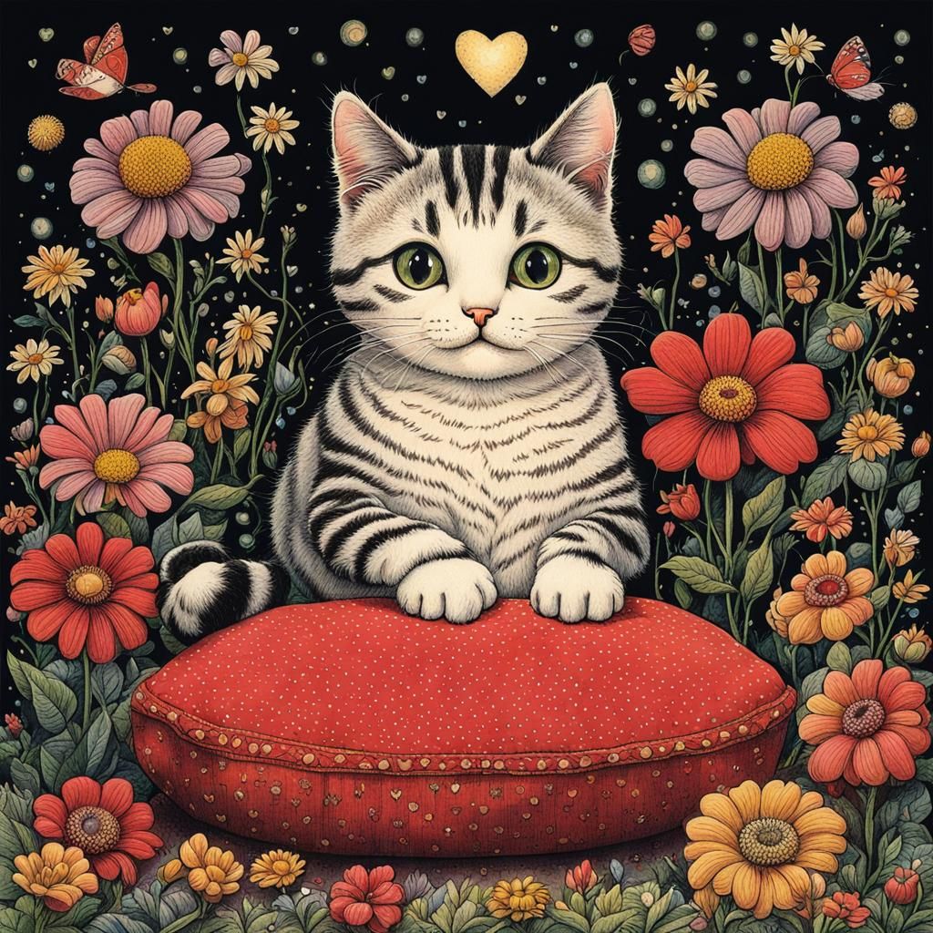 Cute Cat Surrounded by Flowers in Comic Art Style