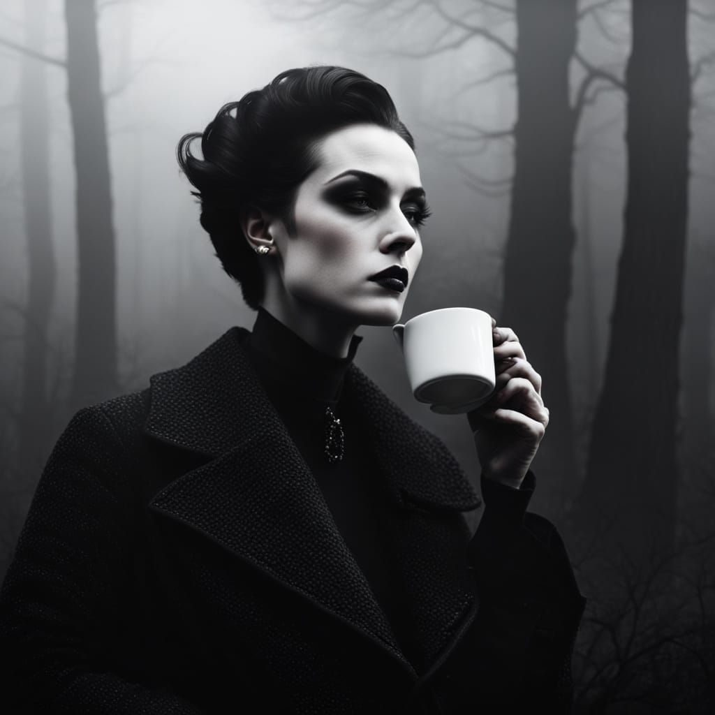 Goth Model in Fog: Art Deco Monochromatic Photography